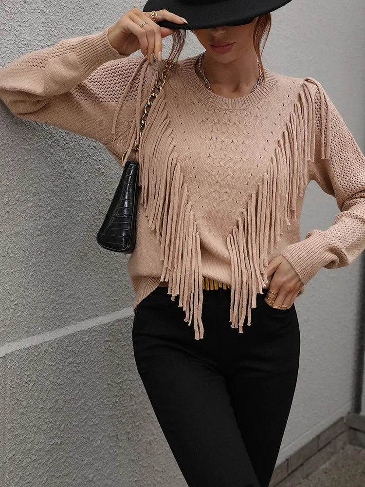 Neliana | Women's Trendy Knit Sweater with Stylish Fringes – Comfortable & Chic