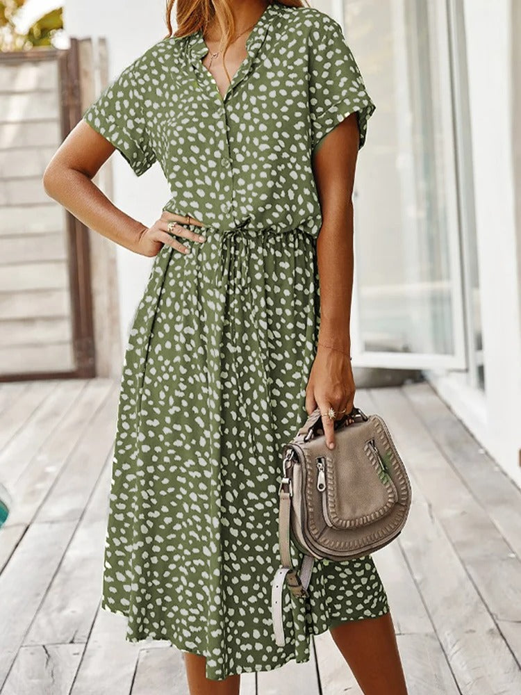 Astrid | Women's Polka Dot/Leopard Print Tie Waist Midi Summer Dress