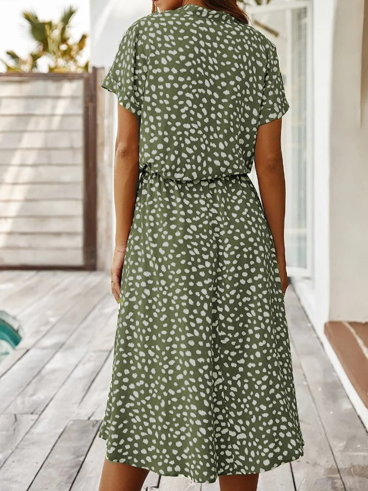 Astrid | Women's Polka Dot/Leopard Print Tie Waist Midi Summer Dress