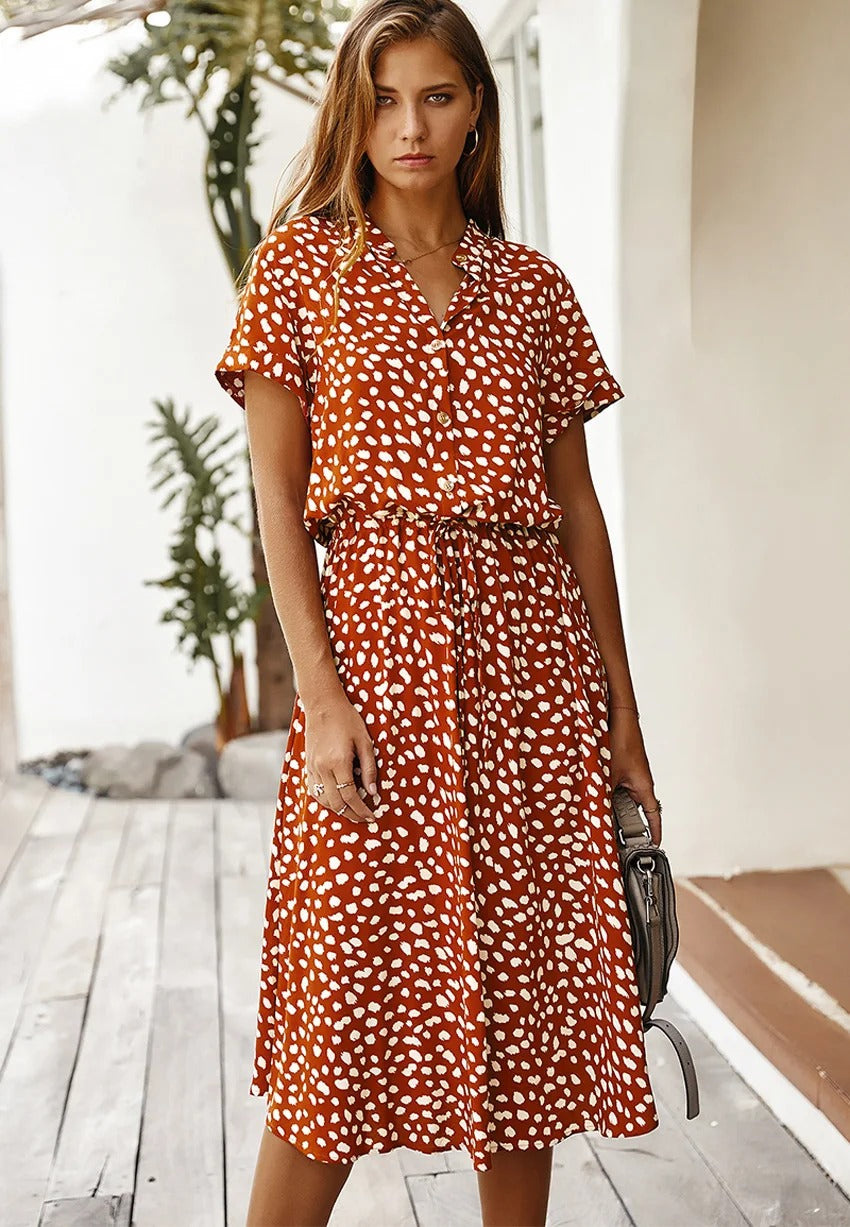 Astrid | Women's Polka Dot/Leopard Print Tie Waist Midi Summer Dress