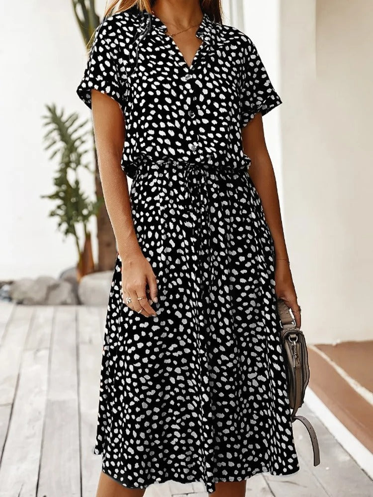 Astrid | Women's Polka Dot/Leopard Print Tie Waist Midi Summer Dress