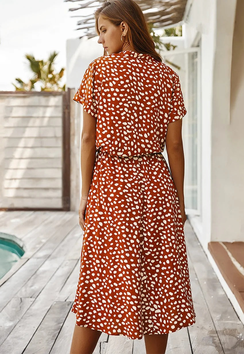 Astrid | Women's Polka Dot/Leopard Print Tie Waist Midi Summer Dress