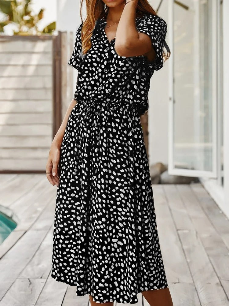 Astrid | Women's Polka Dot/Leopard Print Tie Waist Midi Summer Dress