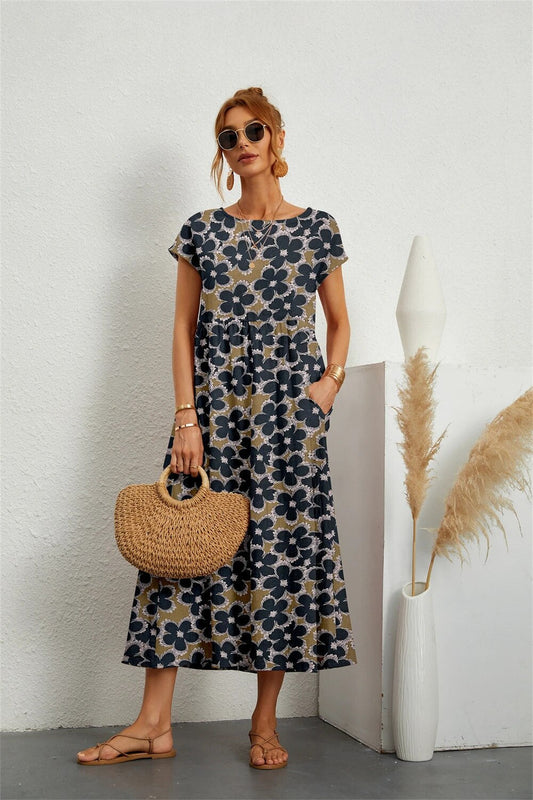 Camilla | Women's Floral Midi Dress with Short Sleeves and Round Neck