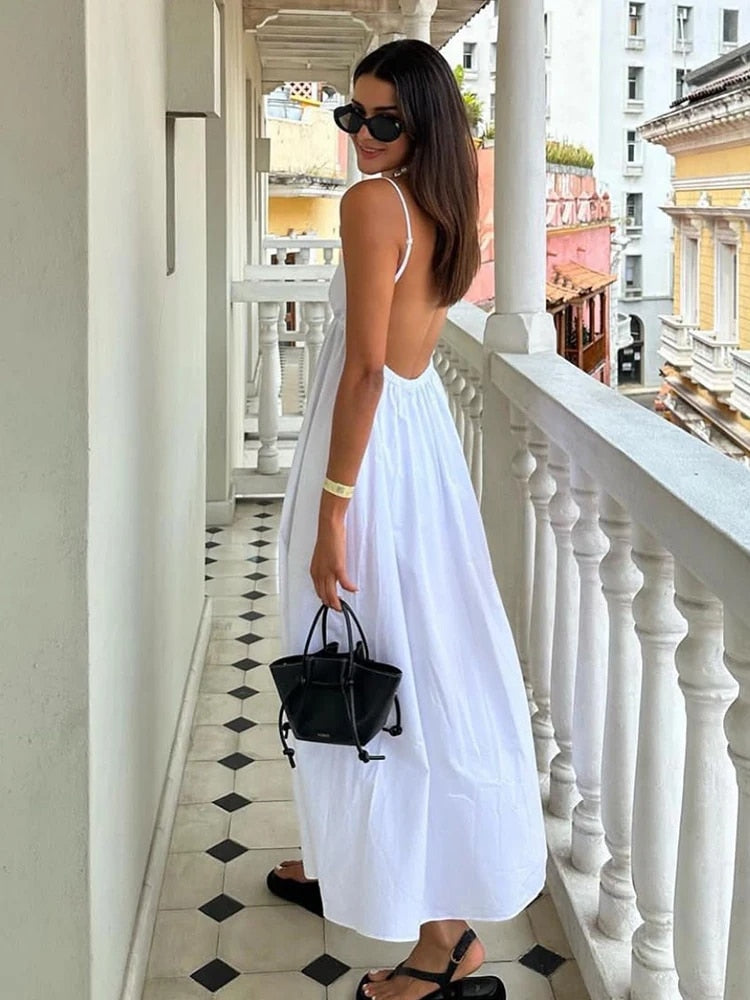 Felicia | Women's White Spaghetti Strap Backless Summer Maxi Dress