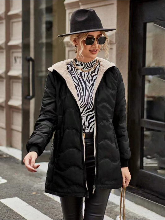 Freya | Women’s Black Slim-Fit Padded Trench Coat with Fleece Lining & Hood