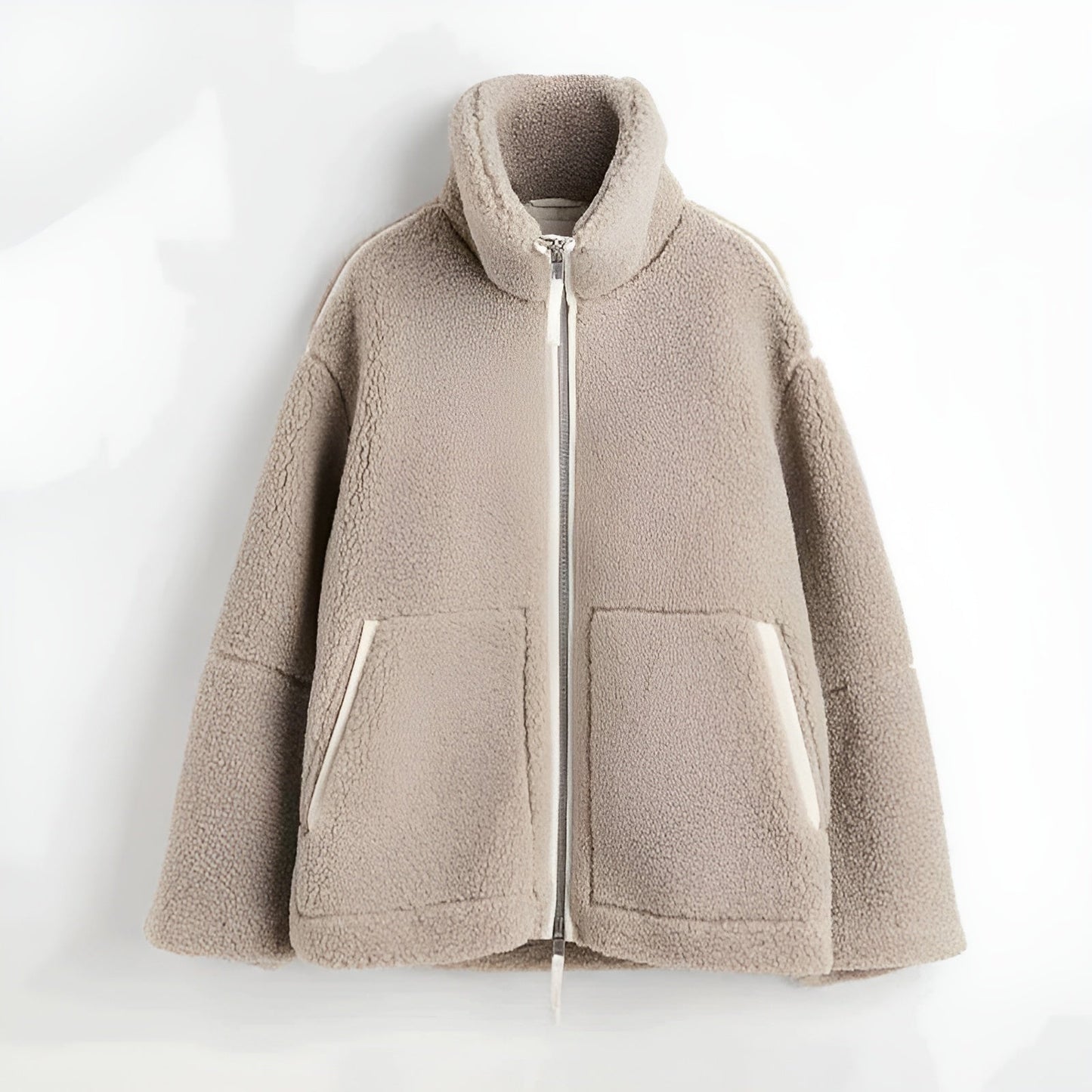 Lea | Women's Teddy Fleece Jacket with High Collar, Zipper & Side Pockets