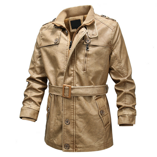 Leonard | Men’s Leather Look Trench Coat with Asymmetrical Zip & Adjustable Belt