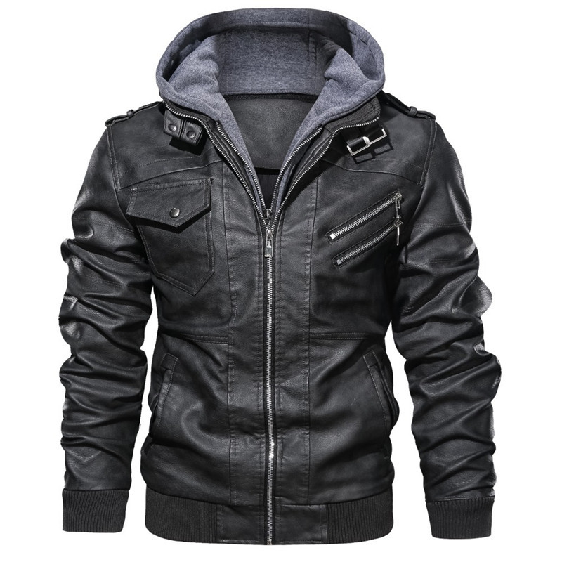 Lanvian | Men’s Slim Fit Faux Leather Jacket with Hood & Zip Pockets