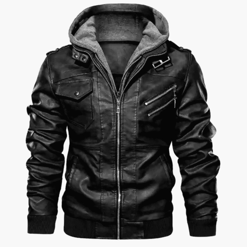 Lanvian | Men’s Slim Fit Faux Leather Jacket with Hood & Zip Pockets