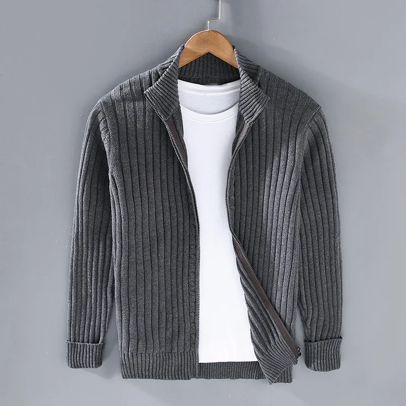 Ethan | Men's Ribbed Knit Cardigan with Zip-Up Stand Collar