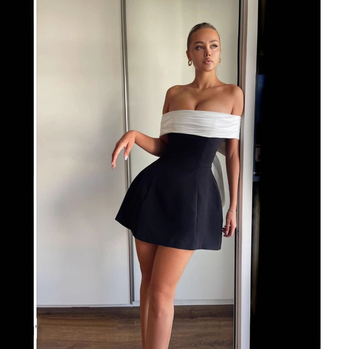 Seliora | Women’s Two-Tone Off-Shoulder Mini Party Dress with Statement Back Bow