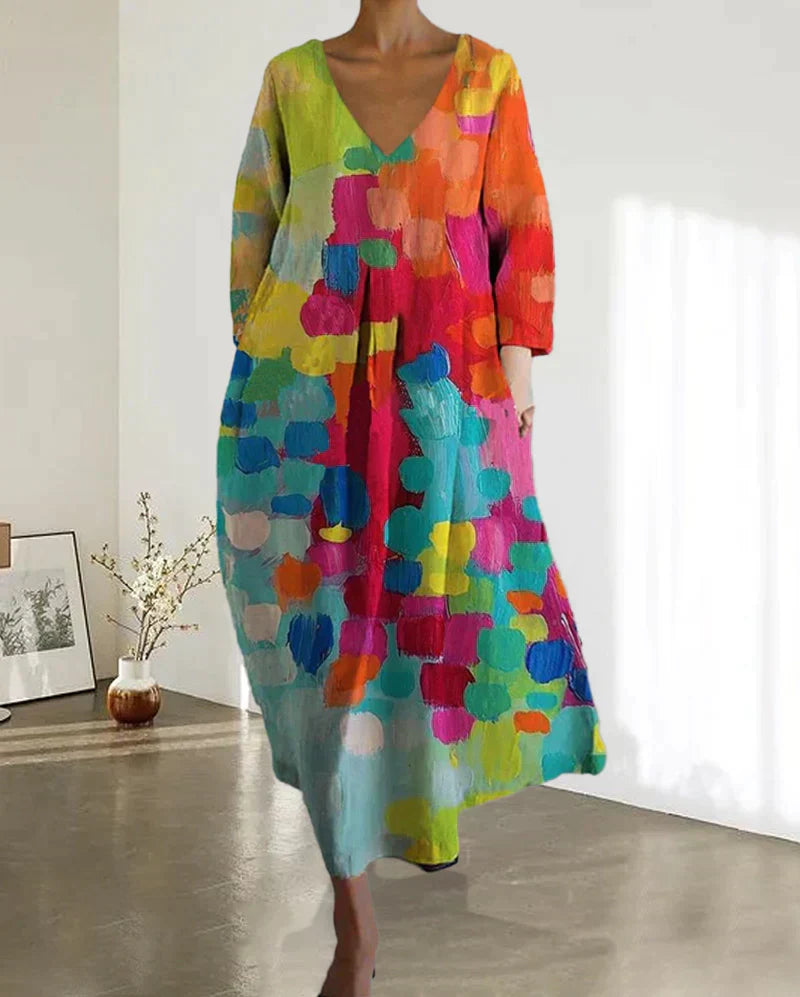 Louisa | Women's Multicolour V-Neck Long Sleeve Loose Fit Summer Midi Dress