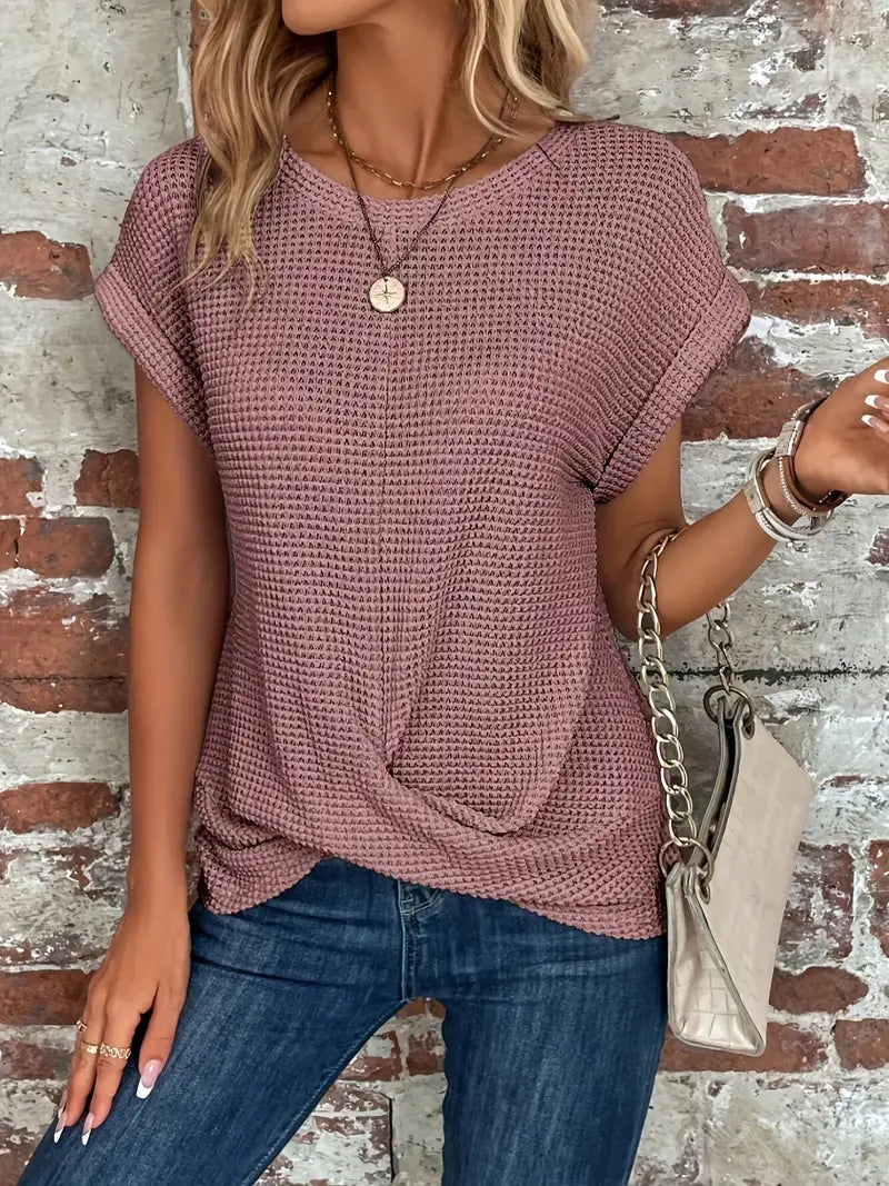 Niamh | Women's Textured Fabric Round Neck Short Sleeves Twisted Hem Summer Top