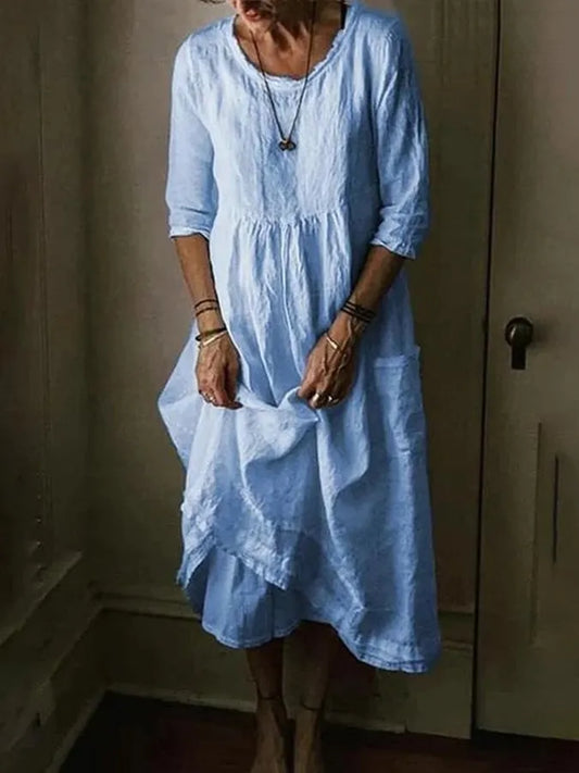Frankie | Women's Solid Colour Round Neck Half Sleeve Cotton Linen Summer Maxi Dress
