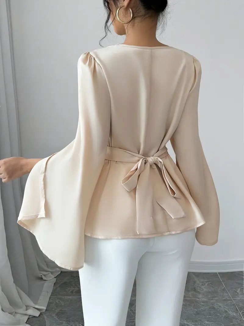 Brindlyn | Cinched‑Waist Tie‑Back Blouse – Sleeve‑Slit Elegance
