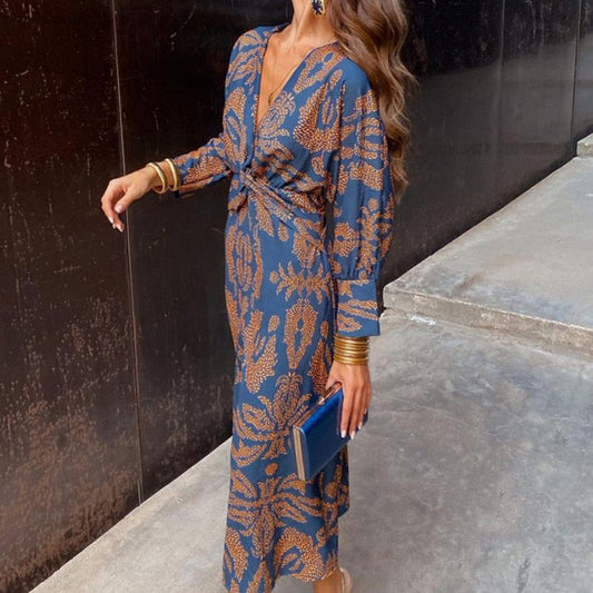 Virginia | Women's Elegant V-Neck Twisted Waist Long Sleeve Maxi Dress