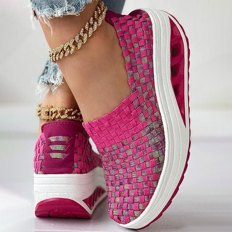 Opaline | Women's Multicolour Woven Slip-On Orthopaedic Sneakers with Slanted Platform Sole