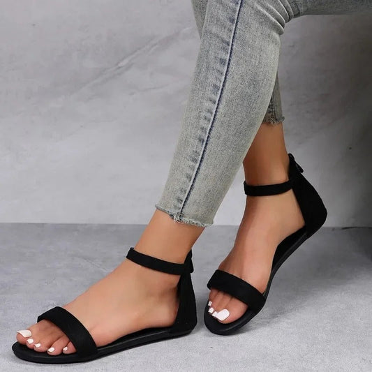 Ella | Women's Flat Ankle Strap Sandals with Back Zip – Elegant & Comfortable Summer Footwear