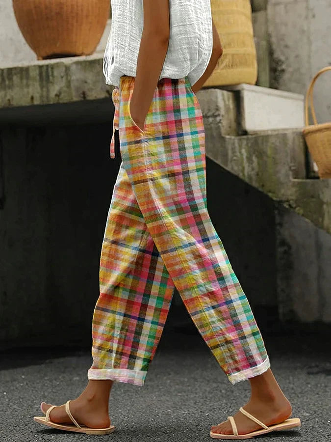 Milda | Women's Relaxed Trousers with Vintage Plaid Pattern and Adjustable Drawstring