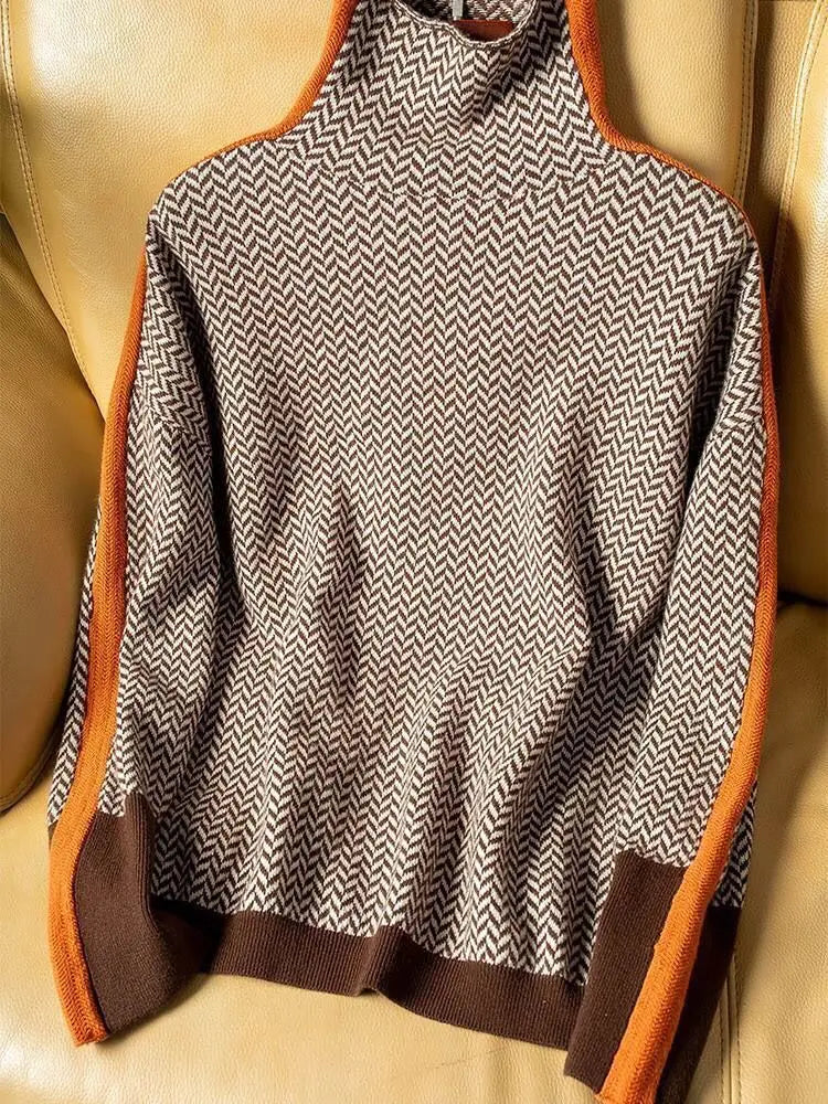 Bella | Women's Turtleneck Knitted Sweater with Colorblock Design and Chevron Contrast Details