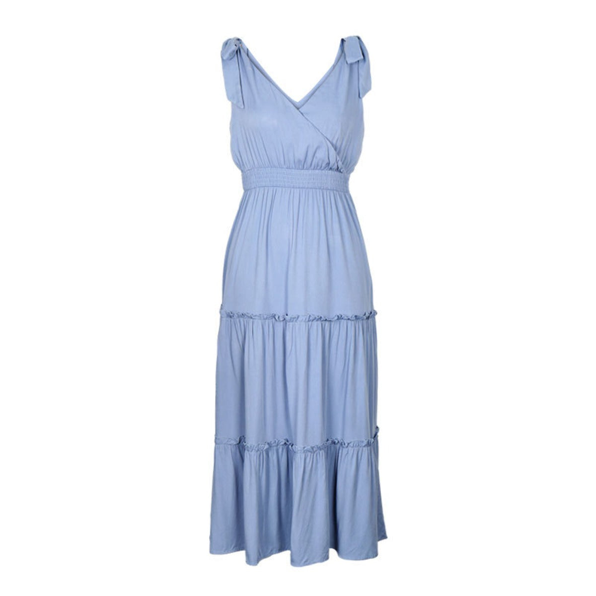 Tallis | Women's Blue V Neck Tie Sleeveless Midi Dress with Cinched Waist