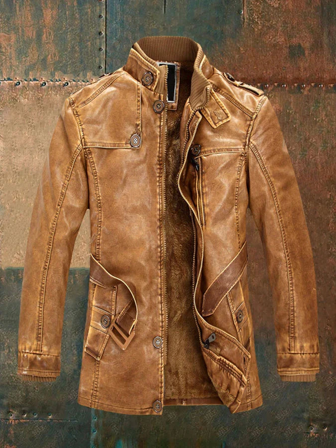 Matthew | Men’s Vintage Leather Look Long Jacket with Warm Fleece Lining & Classic Buttons