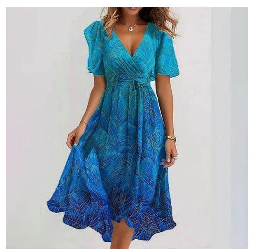 Eliza | Women's Floral Deep V-Neck Cinched Waist Chiffon Midi Dress for Summer