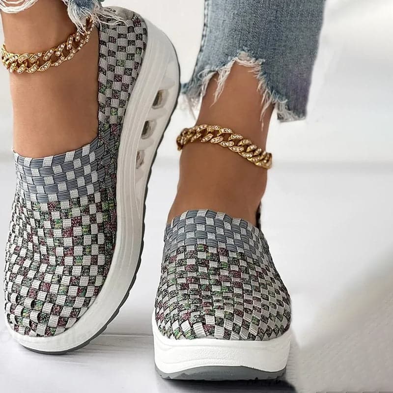 Opaline | Women's Multicolour Woven Slip-On Orthopaedic Sneakers with Slanted Platform Sole
