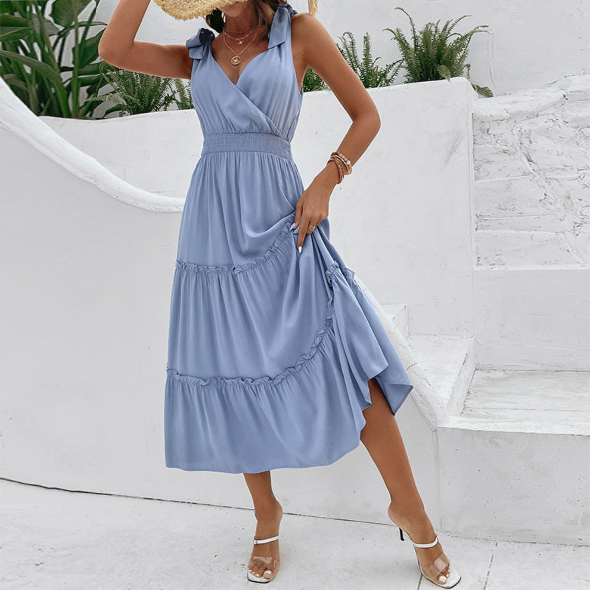 Tallis | Women's Blue V Neck Tie Sleeveless Midi Dress with Cinched Waist