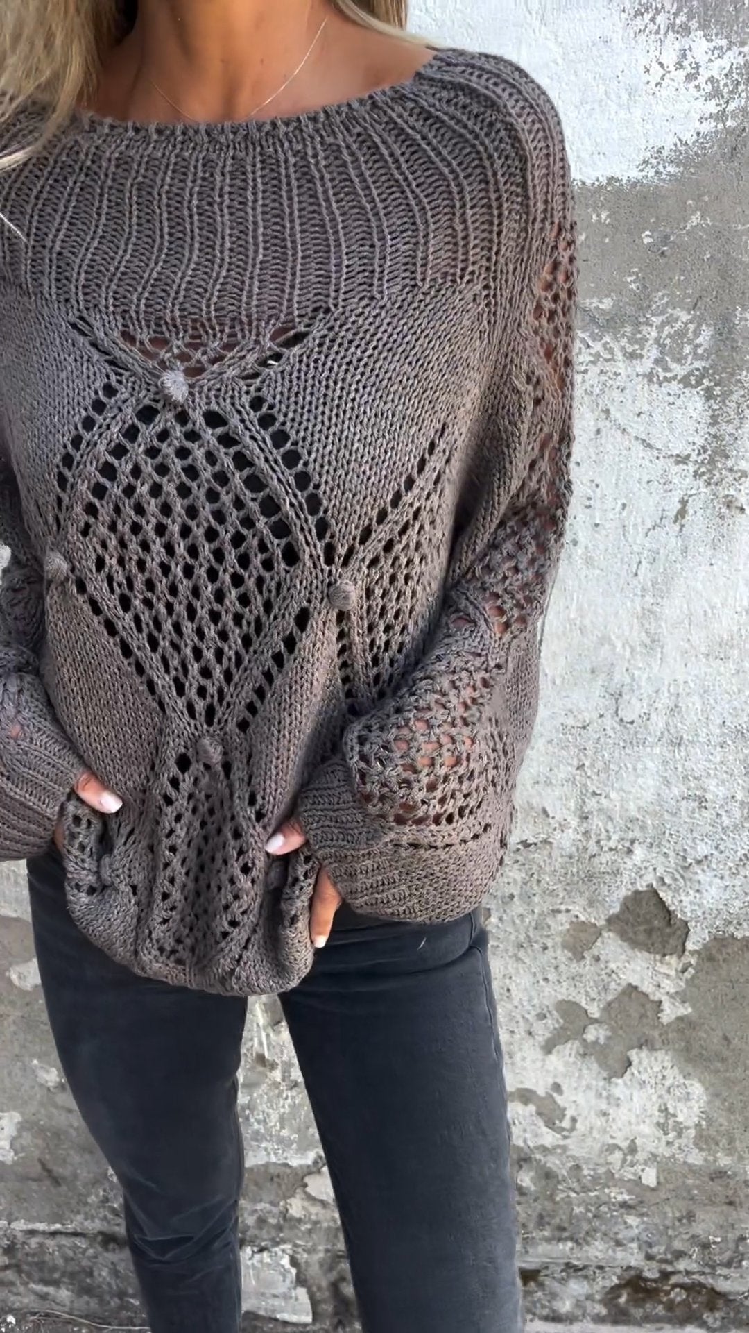 Ealhswith | Women’s Round Neck Knitted Top with Hollow Detailing