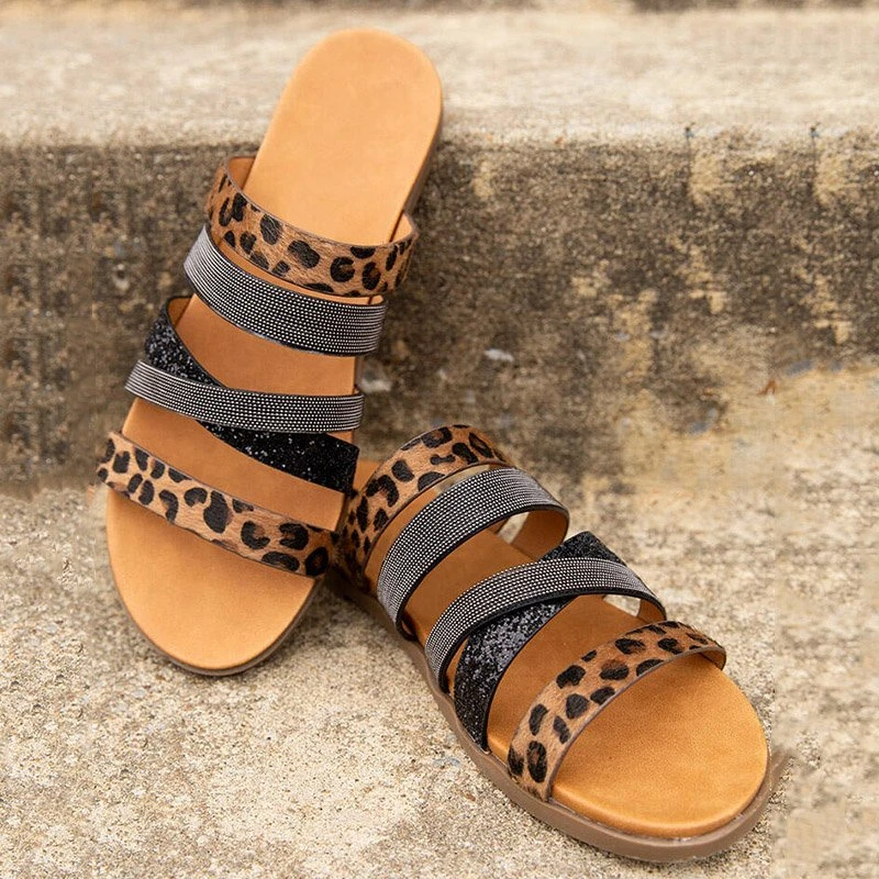 Oriana | Women's Leopard Print Multiple Strap Flat Sandals - Summer Beach Slippers
