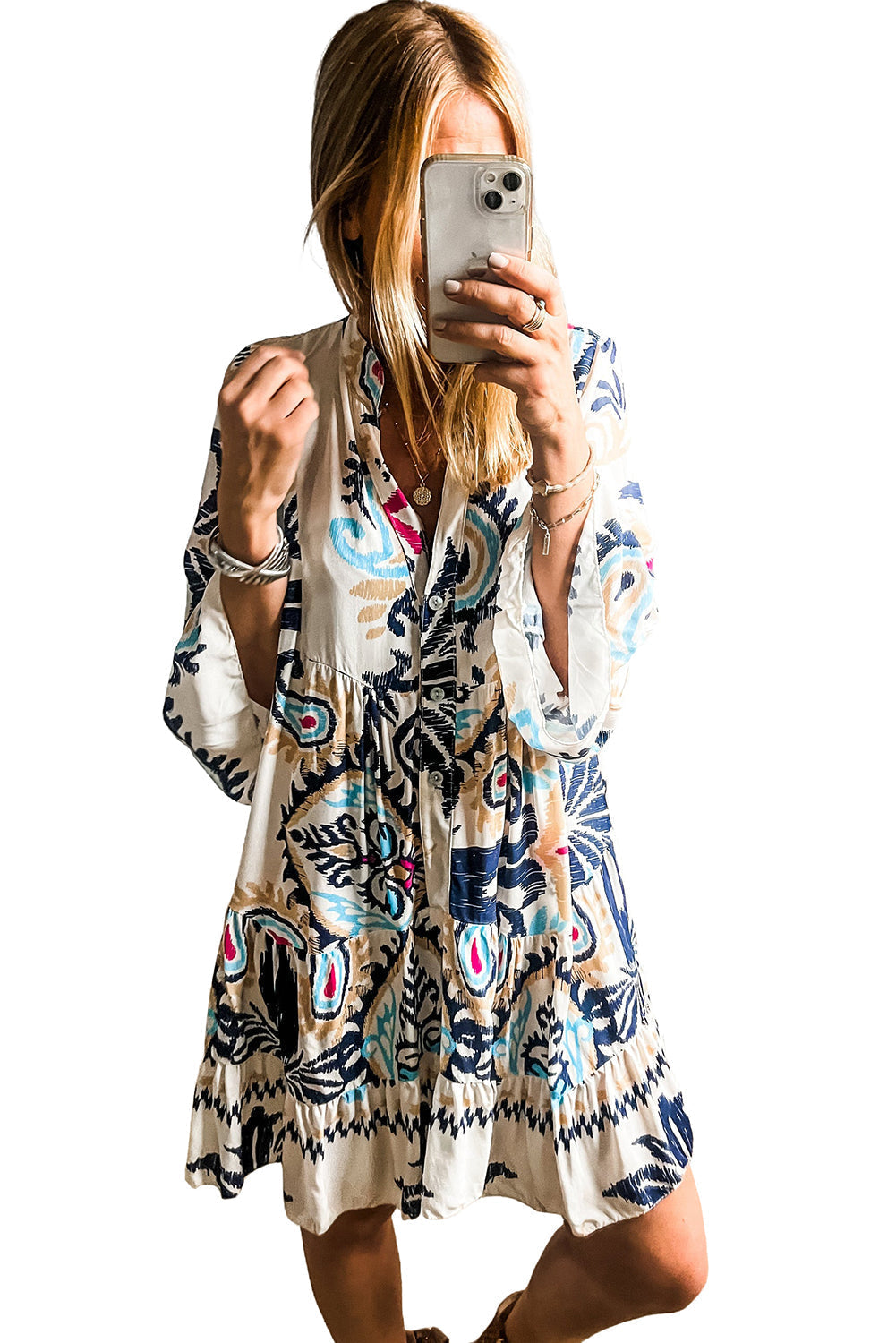 Ulena | Stylish Mini Dress with Tribal Print and Statement Bangle Sleeves