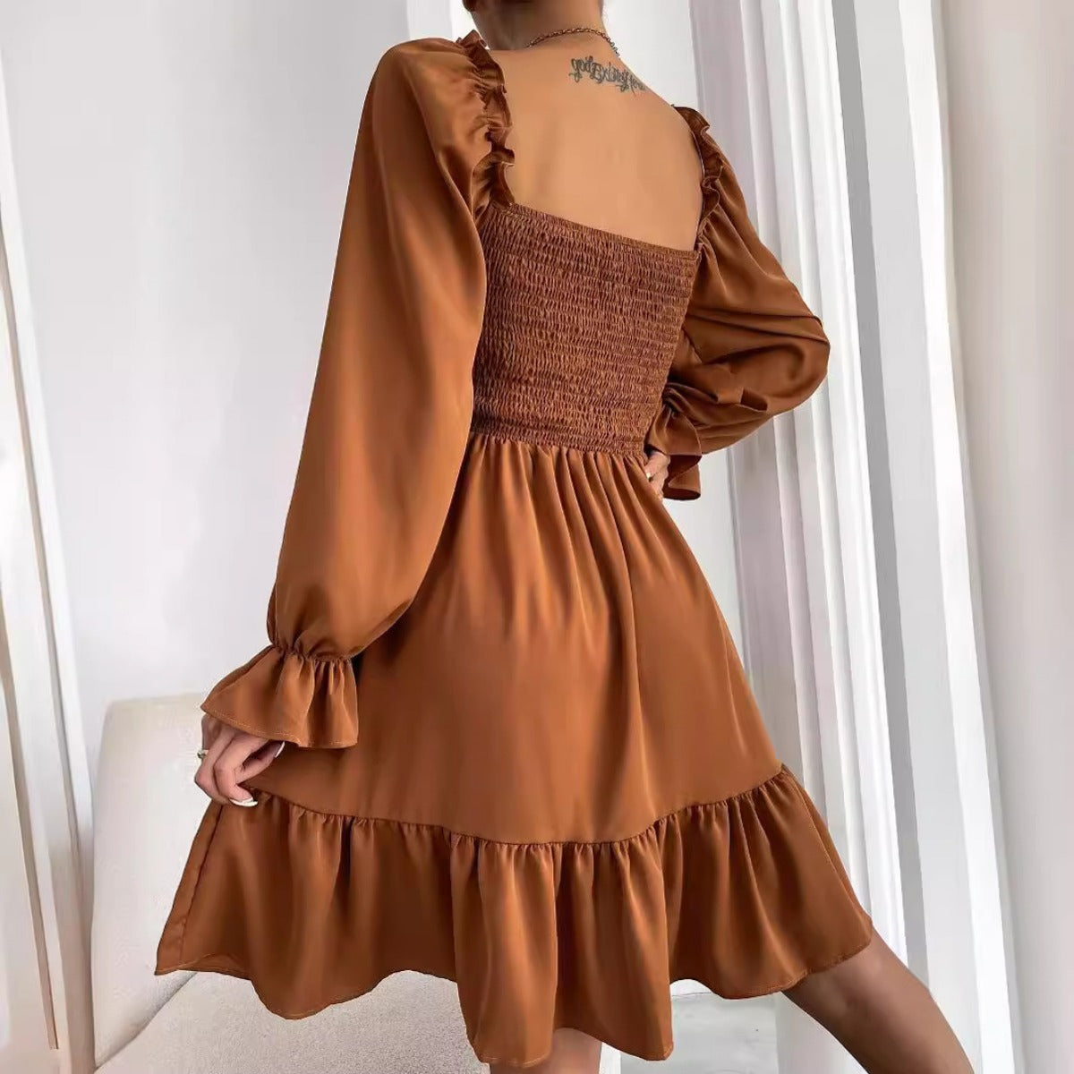 Sibylla | Women’s Solid Colour Square Neck Pleated Mini Dress with Bishop Sleeves & Ruffled Hem