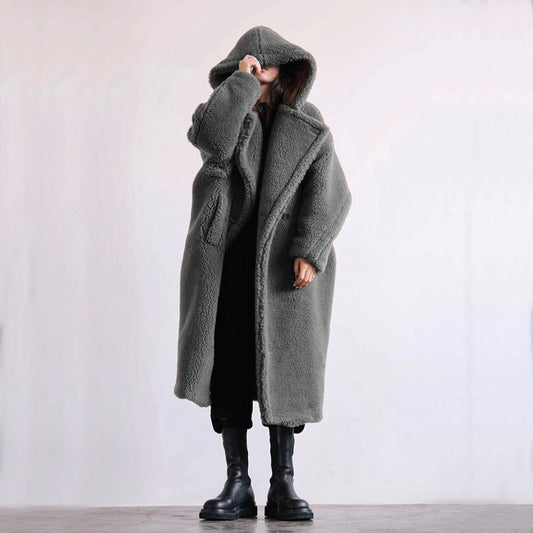 Nica | Women's Hooded Lapel Collar Double-Breasted Long Teddy Coat – Soft & Warm Winter Essential