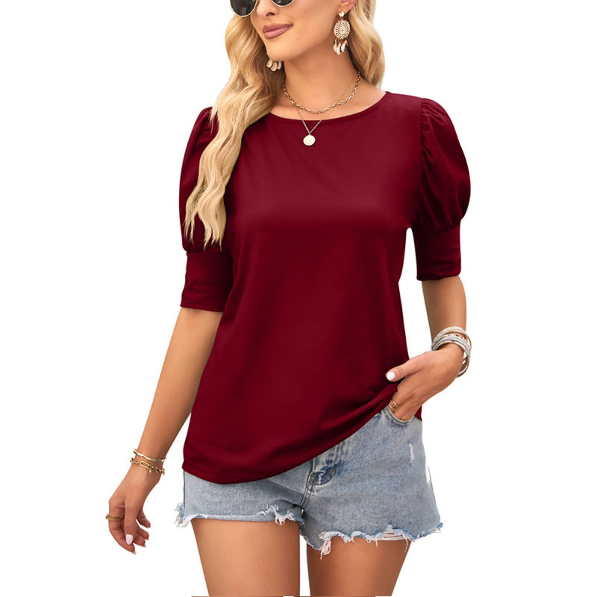 Solene | Women’s Classic Solid Colour Round Neck Puff Sleeve Summer Shirt