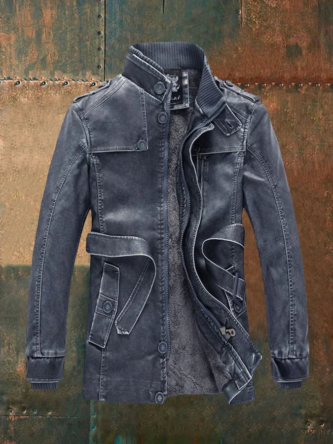 Matthew | Men’s Vintage Leather Look Long Jacket with Warm Fleece Lining & Classic Buttons