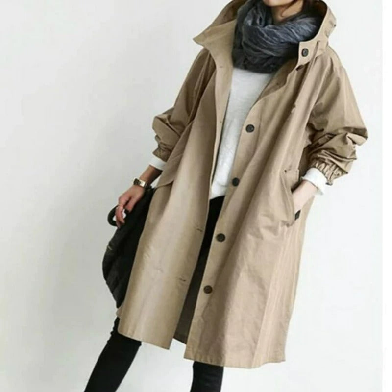 Janelle | Women's Long Waterproof Coat with Hood and Button Closure