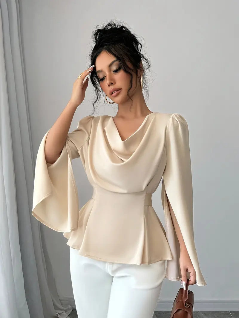 Brindlyn | Cinched‑Waist Tie‑Back Blouse – Sleeve‑Slit Elegance