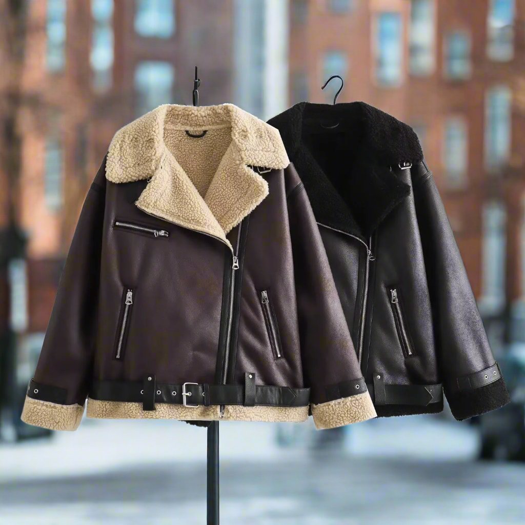 Eliani | Women's Zip-Up PU Leather Jacket with Fleece Lining and Belt