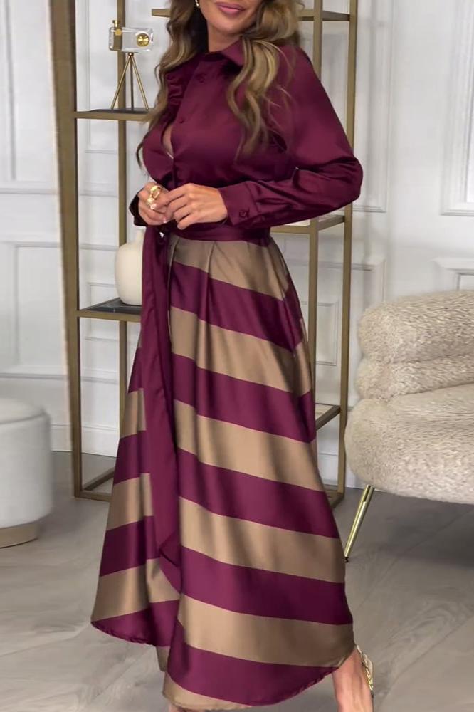 Chrysella | Elegant Striped Buttoned V-Neck Maxi Dress with Belt