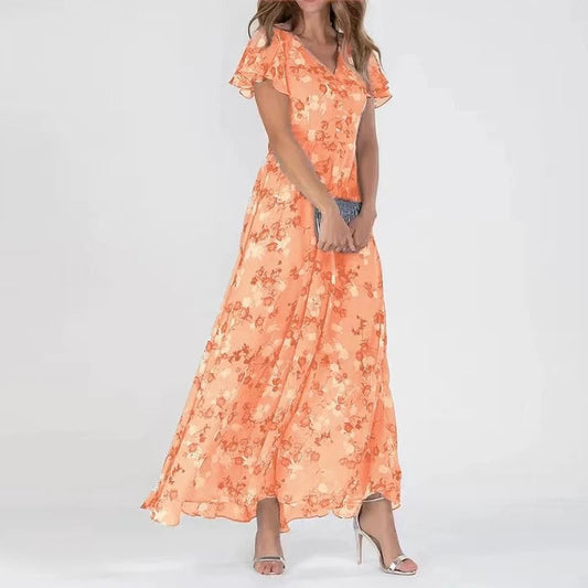 Kitta | Women's Swing Maxi Dress – Floral Chiffon with Short Ruffled Sleeves