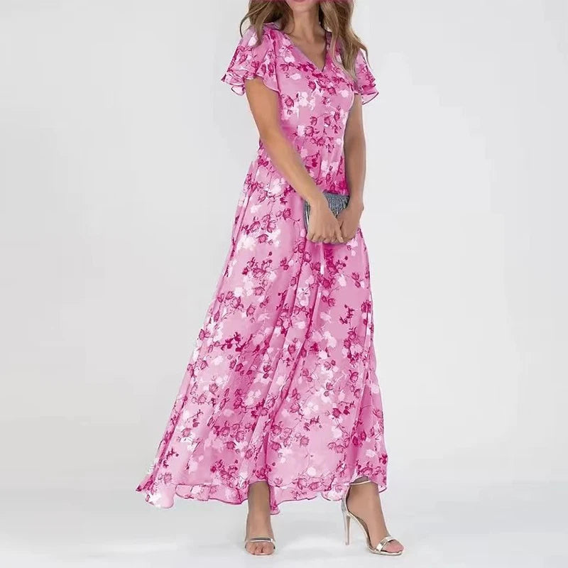 Kitta | Women's Swing Maxi Dress – Floral Chiffon with Short Ruffled Sleeves
