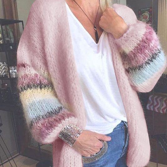 Tascha | Women's Soft Knitted Open Front Cardigan with Multicolor Striped Sleeves
