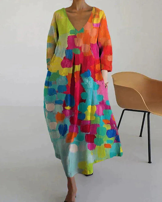 Louisa | Women's Multicolour V-Neck Long Sleeve Loose Fit Summer Midi Dress