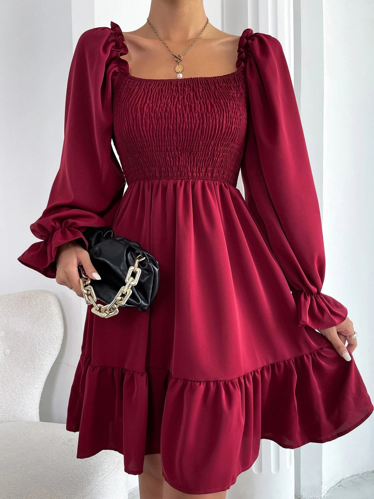 Sibylla | Women’s Solid Colour Square Neck Pleated Mini Dress with Bishop Sleeves & Ruffled Hem