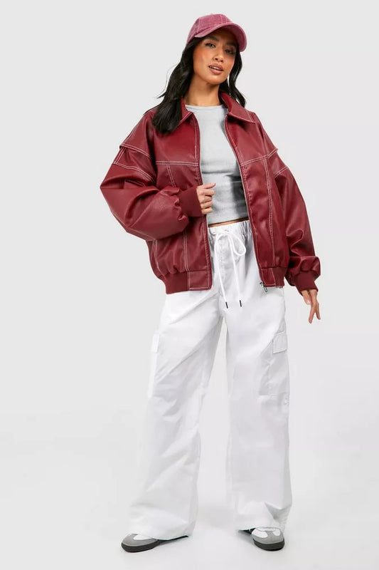 Alianora | Women’s Red Oversized Zip-Up Jacket with Lapel Collar – Stylish Casual Outerwear