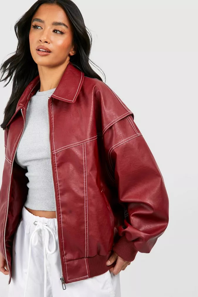 Alianora | Women’s Red Oversized Zip-Up Jacket with Lapel Collar – Stylish Casual Outerwear