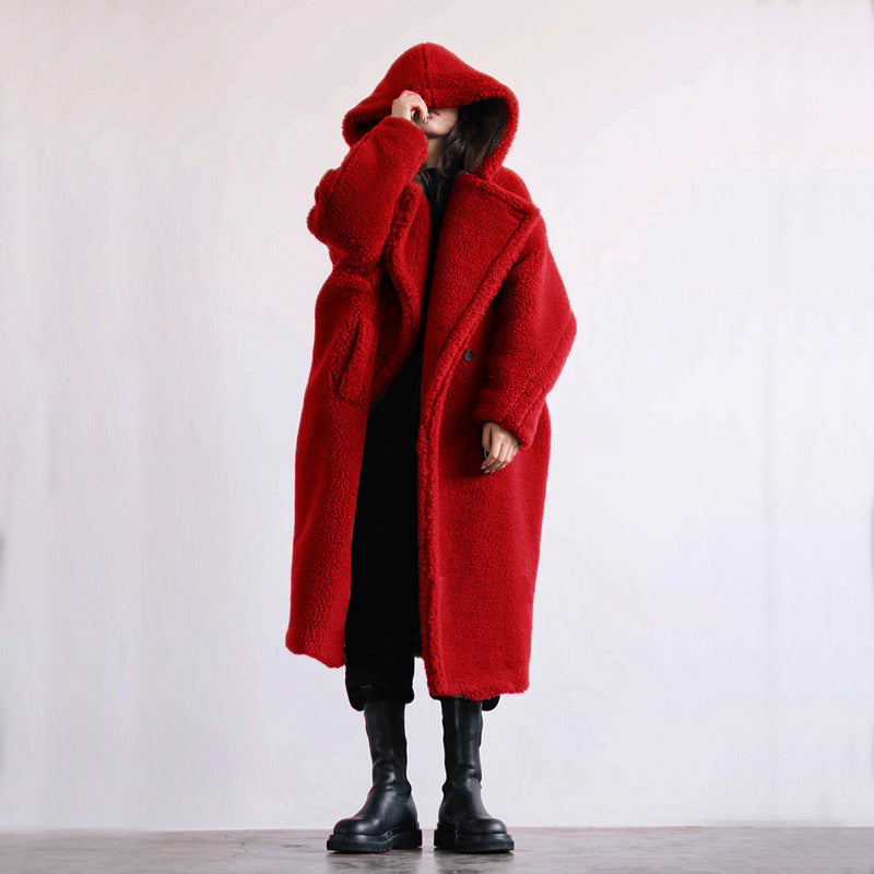 Nica | Women's Hooded Lapel Collar Double-Breasted Long Teddy Coat – Soft & Warm Winter Essential