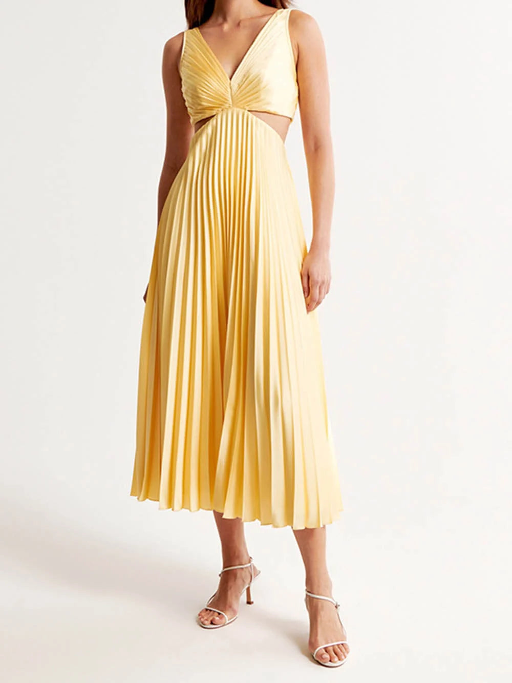 Jemima | Women's Solid Colour Deep V-Neck Pleated Midi Dress – Elegant & Stylish Formal Dress